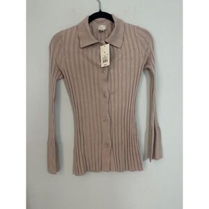 NWT A New Day Womens Ribbed Collared Button Front Long Sleeve Top XS Beige